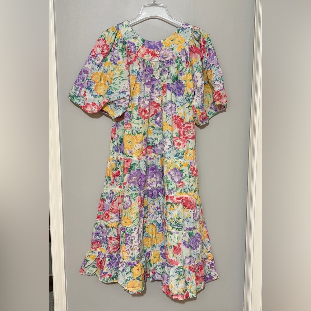 Vintage Tower Club 100% Cotton Floral Maxi Dress with Puff Sleeves Size Small